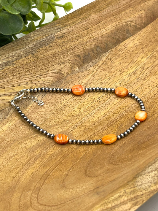 Orange Spiny Oyster Anklet on 3mm Navajo Pearls