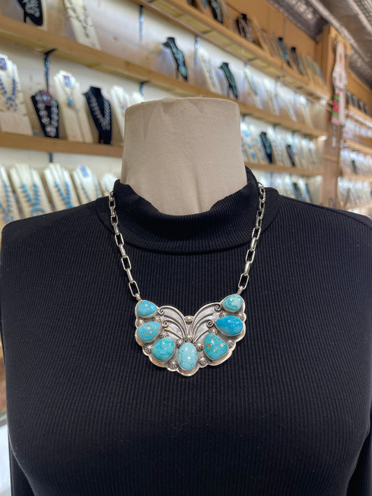 19" High Grade Kingman Turquoise 7 Stone Necklace by Gabby Jurado, Mexican