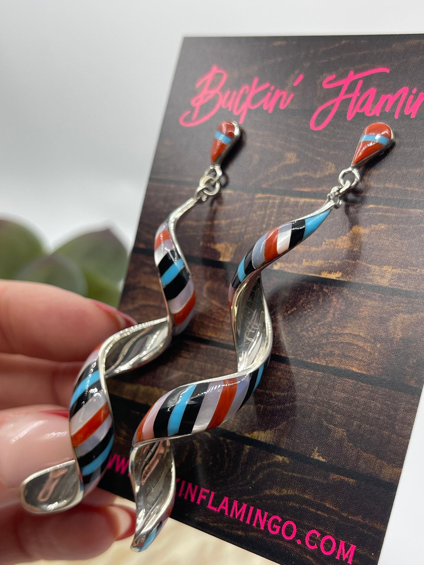 3" Inlaid Spiral Post Dangle Earrings by  Pernell Idealla Edaakie, Zuni