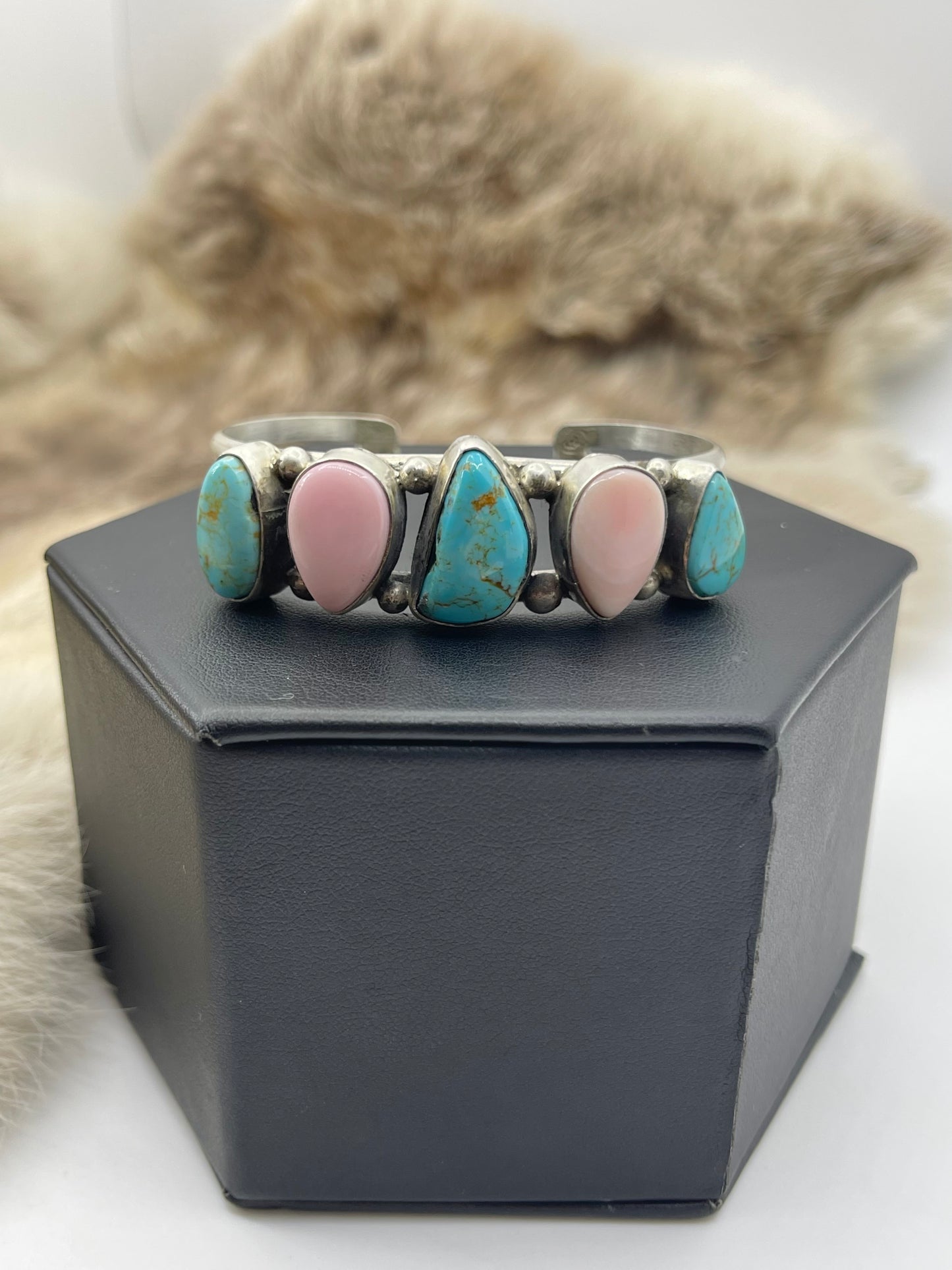 5 Stone Pink Conch & Turquoise Cuff by Augustine Largo, Navajo