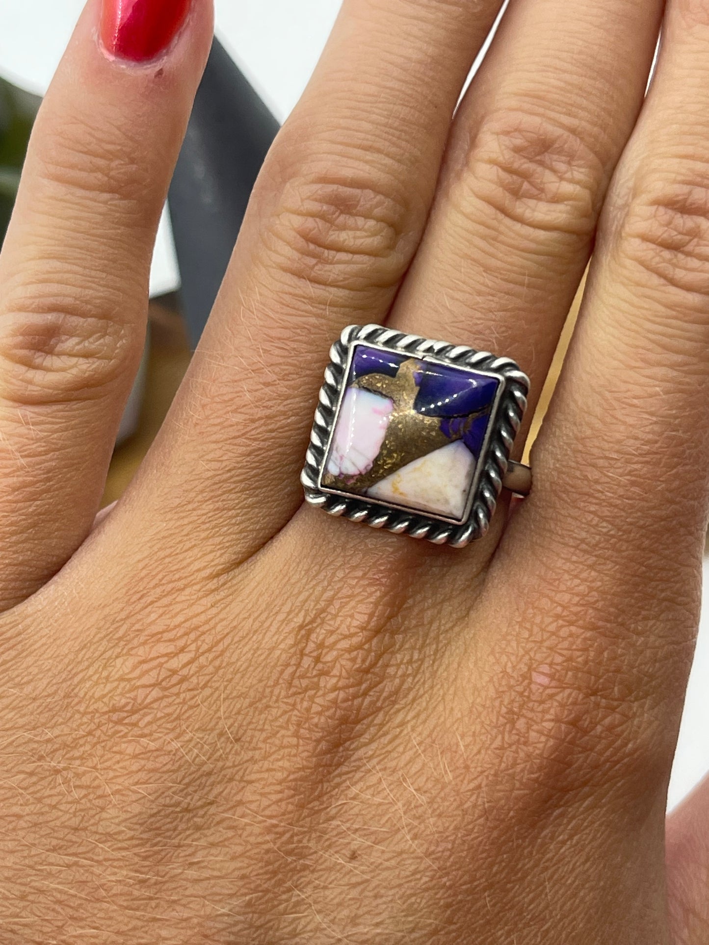 LOT 22 A 1/11 Adjustable Lavender Dahlia Square Ring by Johnny Dixon, Navajo