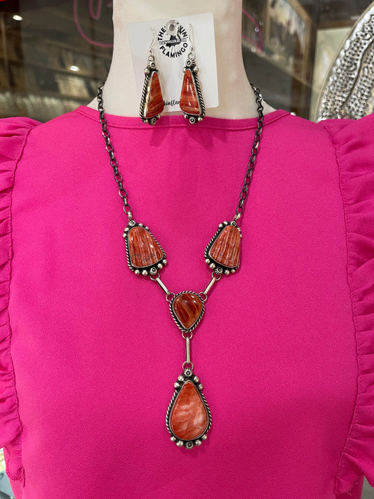 20"+3 1/2" Red Spiny Oyster Shell Lariat Necklace and Dangle Earrings Set by Augustine Largo, Navajo
