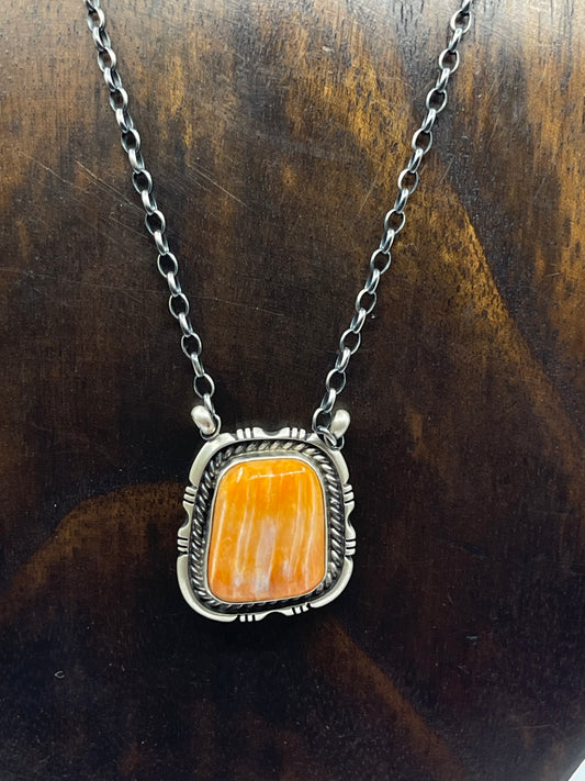16" Orange Spiny Oyster Shell Square Necklace by Alfred Martinez, Navajo