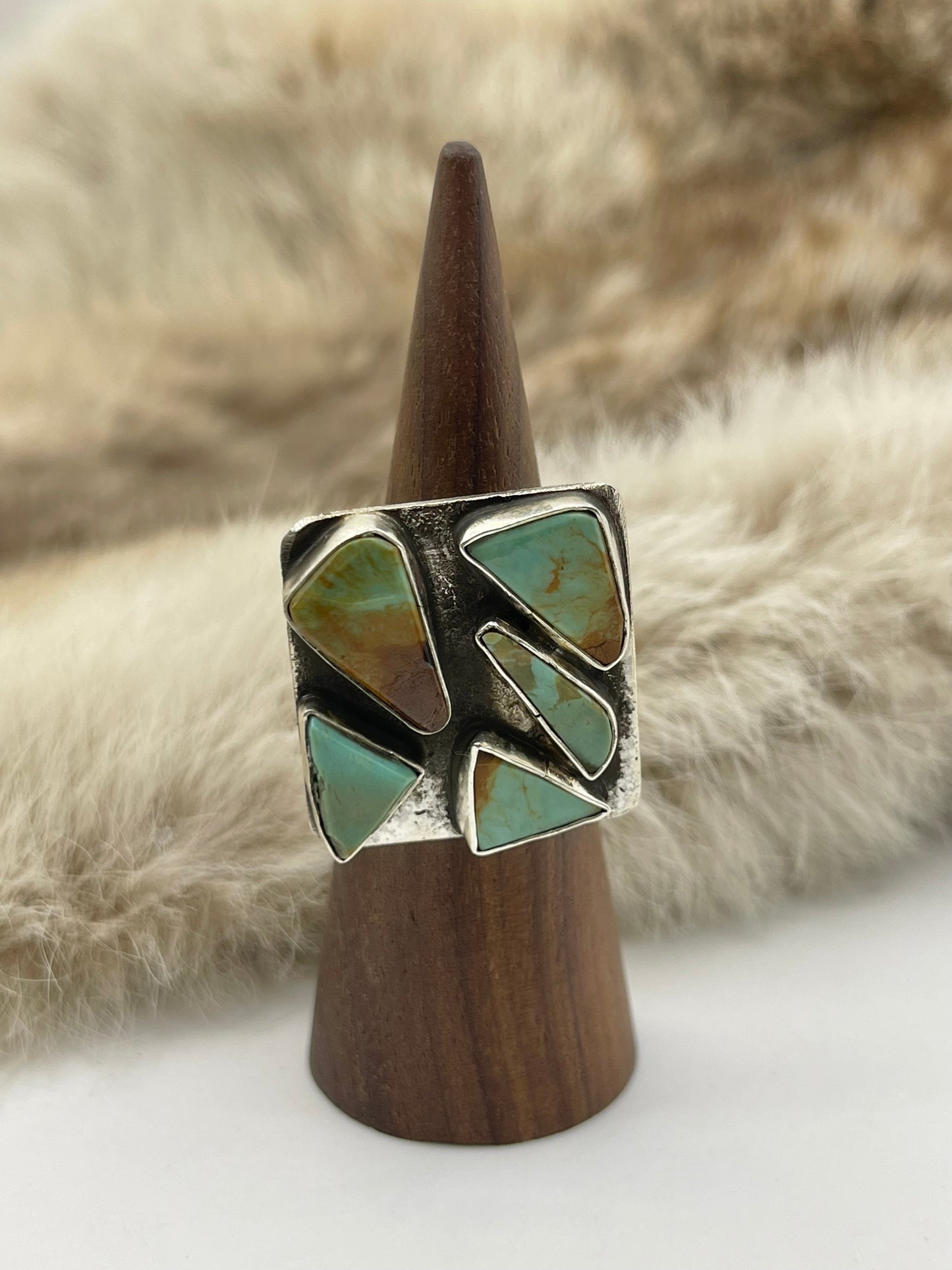 Adjustable (6.0-9.0) 5 Stone Square Ring with Royston Turquoise by Jude Candelaria, Zuni