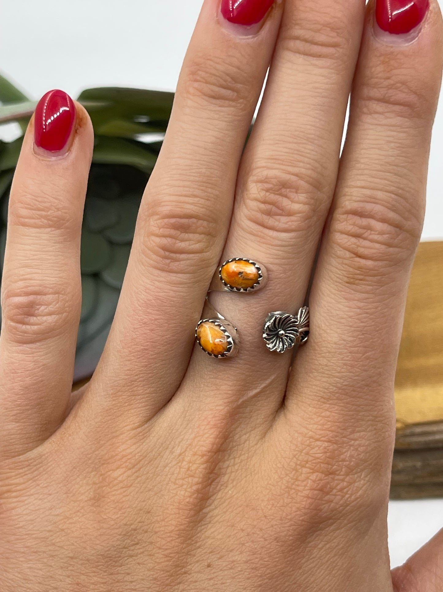 6.0 Semi Adjustable 2 Stone Orange Spiny Oyster Shell Ring by Robert Martinez, Navajo