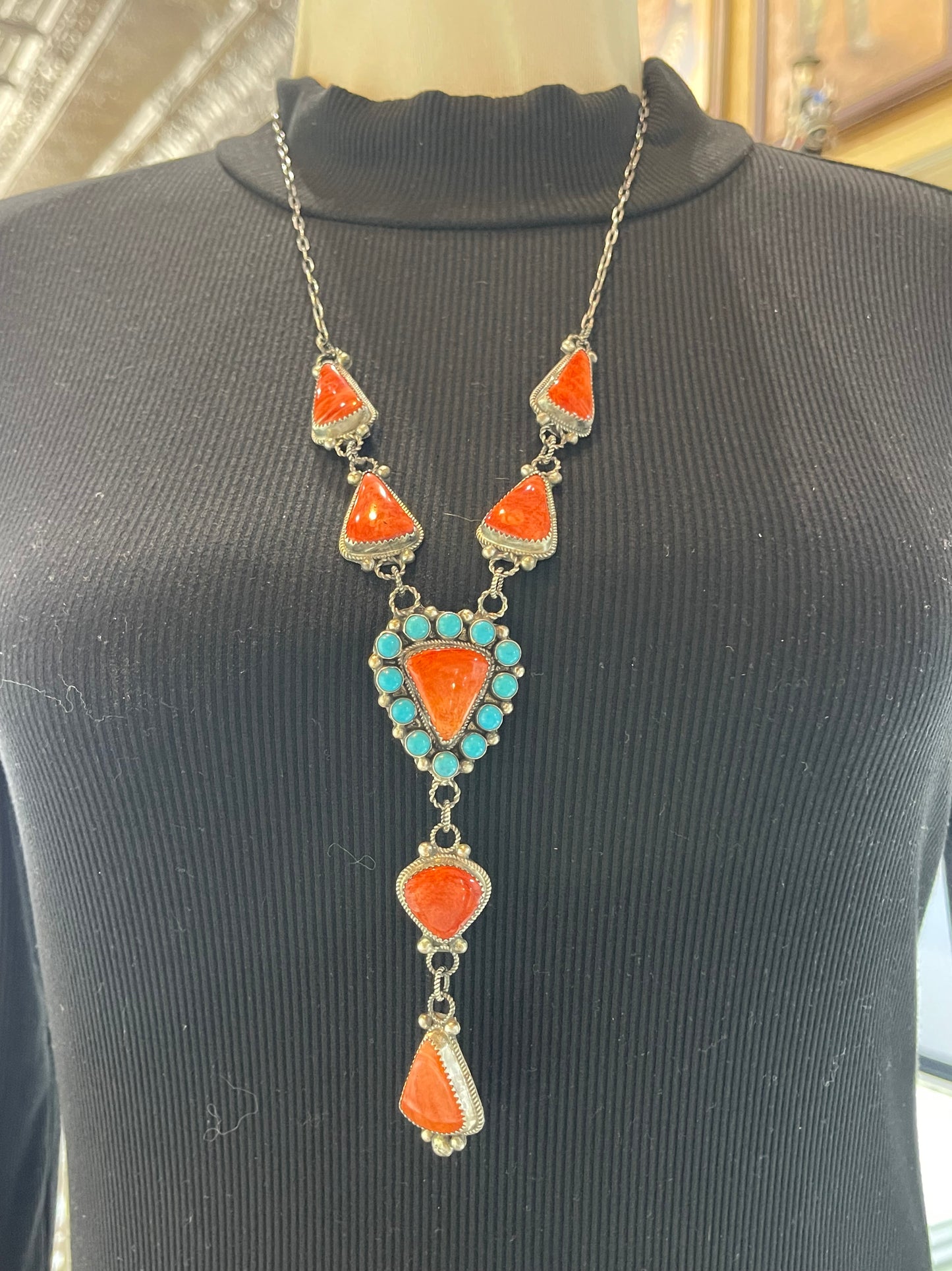 24" Turquoise & Spiny Oyster Shell Cluster Lariat, Navajo Made