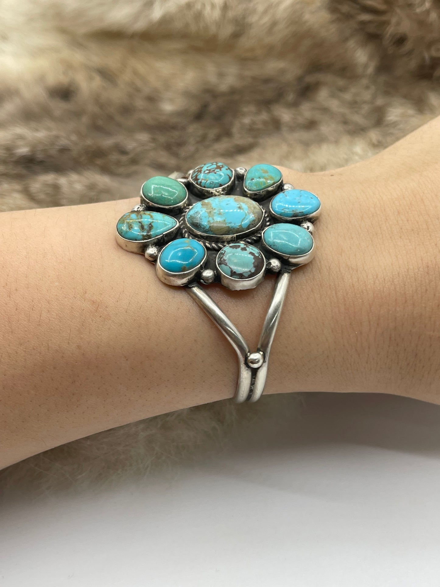 5.5"-7" Kingman Turquoise Cluster Cuff by Geraldine James, Navajo