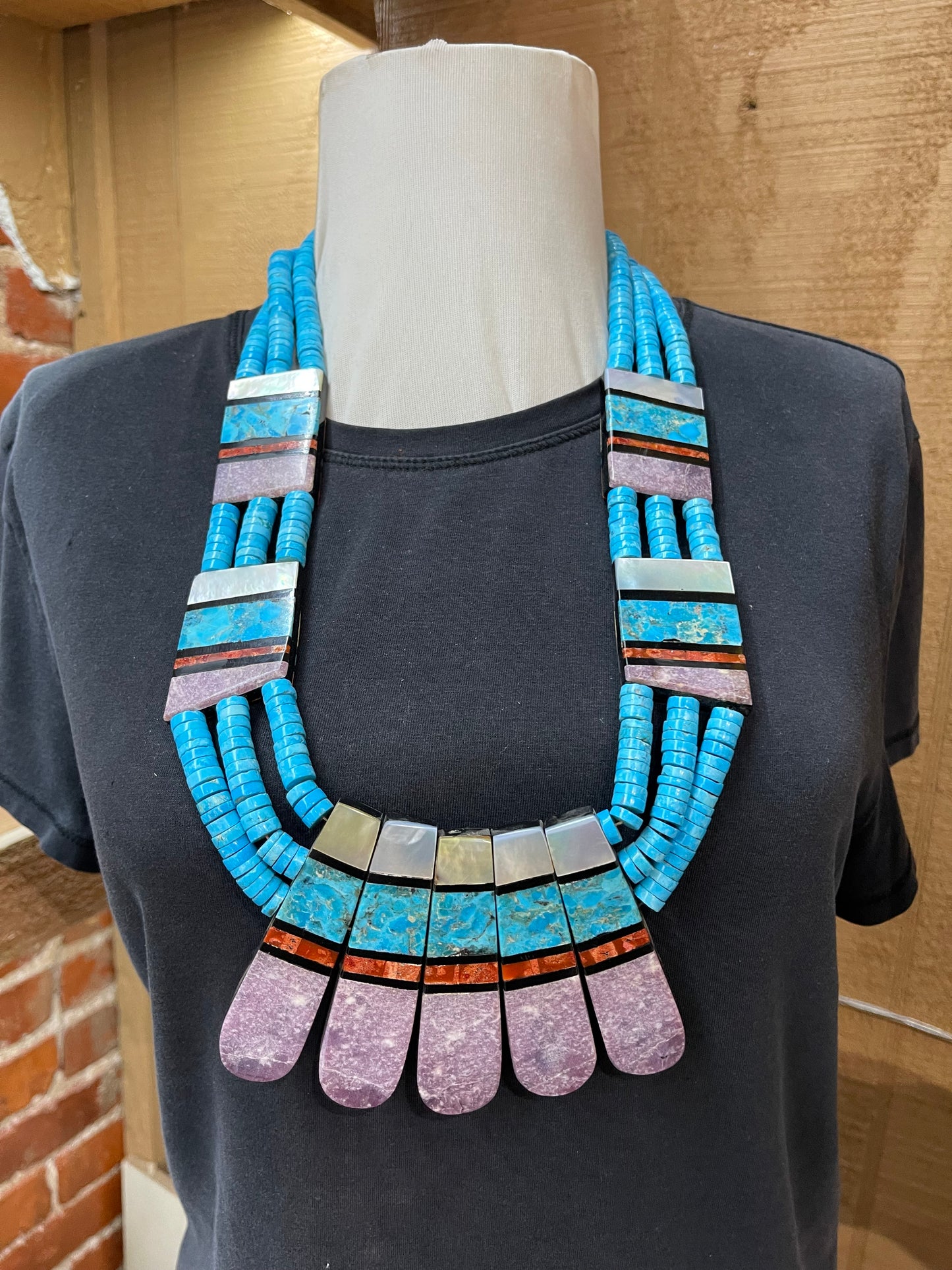 2-Sided 3 Strand Multi-Stone Inlay Necklace, Santo Domingo Made