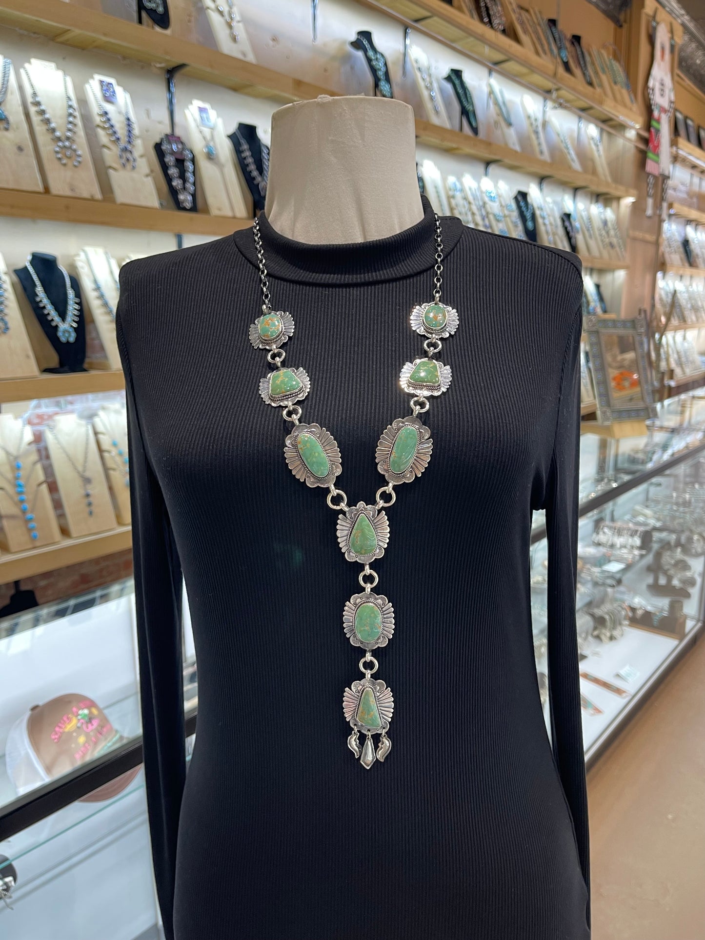 Royston Turquoise 20” + 6” Lariat Necklace & Earring Set by Delayne Reeves, Navajo