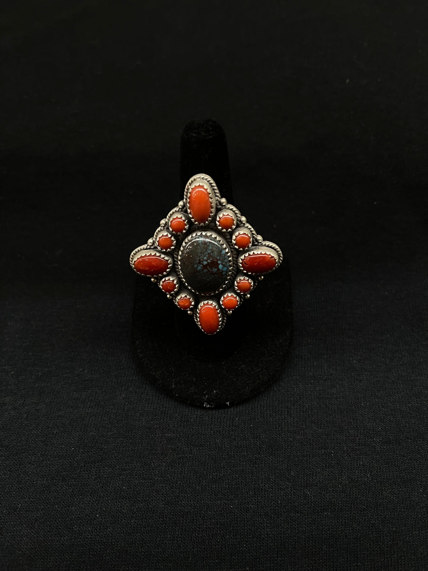 Adjustable Red Coral and Bisbee Turquoise Cluster Ring by Kevin Nez, Navajo