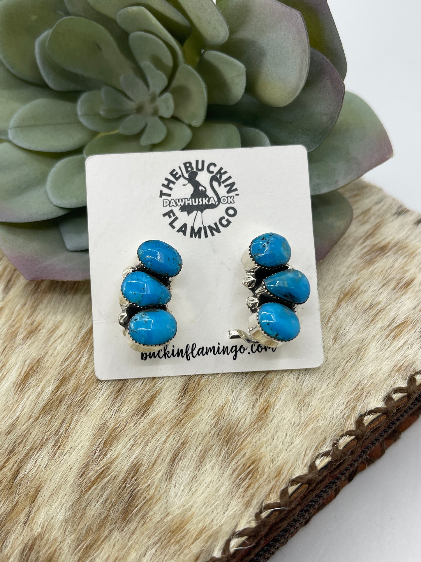 3 Stone Turquoise Mini Ear Climber Post Earrings by David Lopez, Navajo