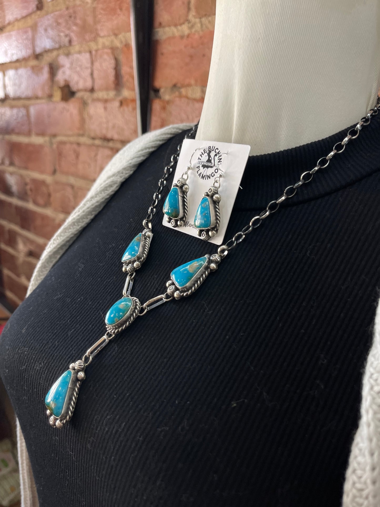 Blue Kingman Turquoise Lariat and Earring Set by Augustine Largo, Navajo