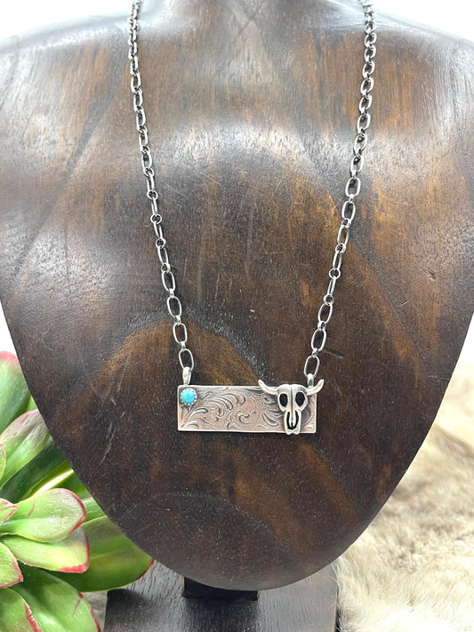 LOT 19 6/7 18" Engraved Turquoise Skull Bar Necklace by Annette Martinez, Navajo