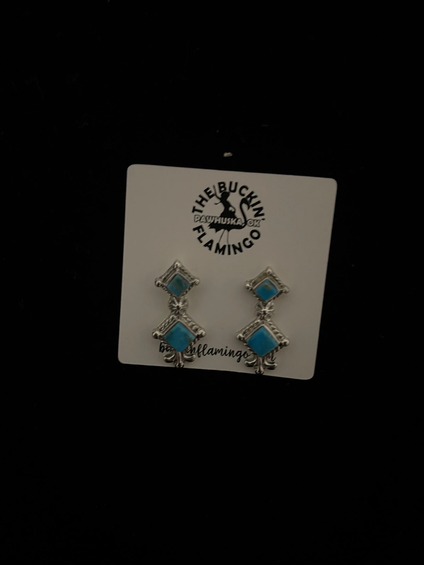 2 Stone Turquoise Diamond Shaped Post Dangle Earrings by Sadie Jim, Navajo