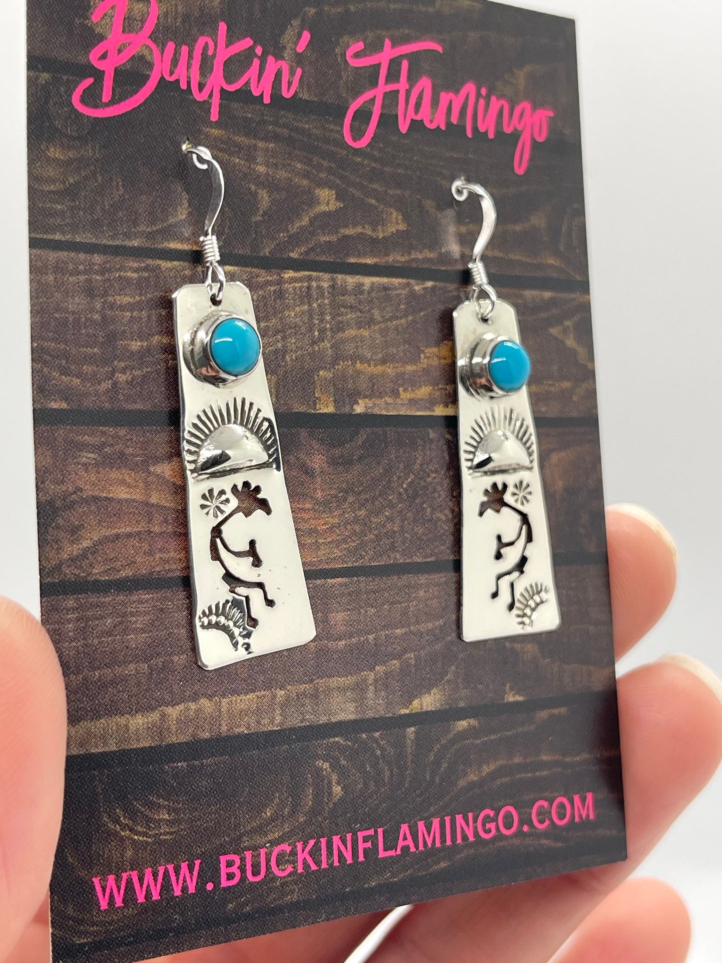 Silver Kokopelli Earrings with Turquoise by Jeff James Jr., Navajo