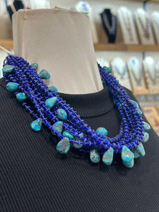 21" 15 Strand Lapis and Turquoise Necklace by Jolene Bird, Santo Domingo