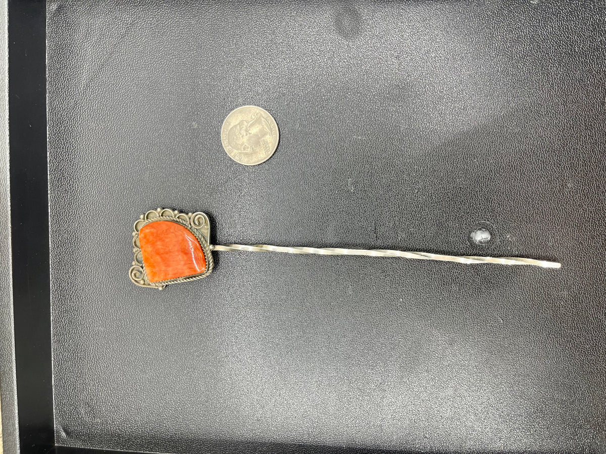 Orange Spiny Oyster Hair 7" Stick Pin by Lorenzo Arviso, Navajo
