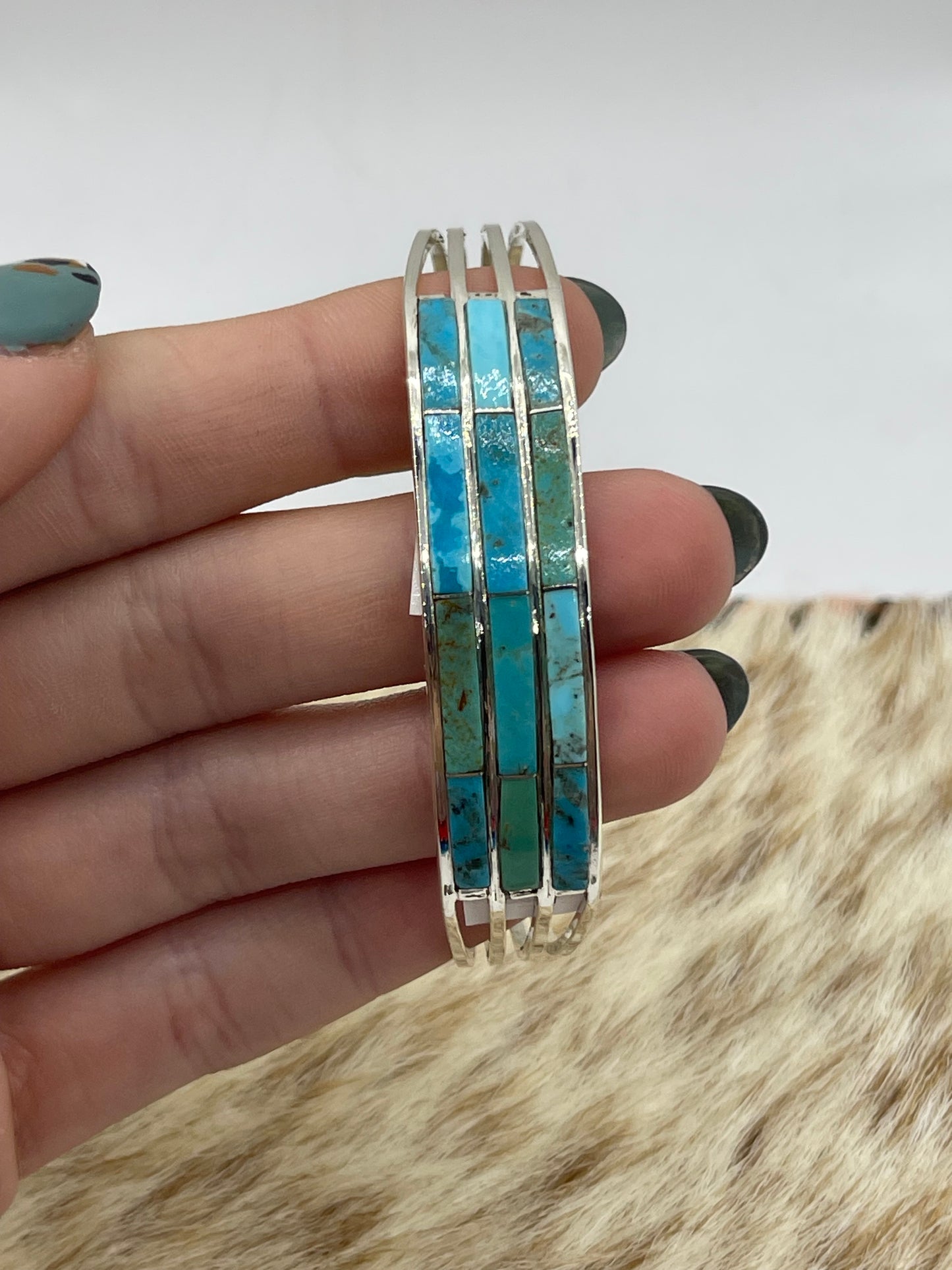 6 1/4" 3 Row Inlay Turquoise Cuff by Jamie Johnson, Navajo
