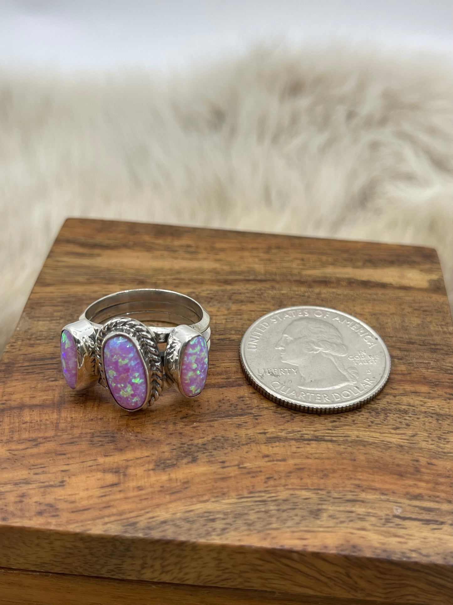 6.0 Pink Opal 3 Stone Ring by Andrew Vandever, Navajo