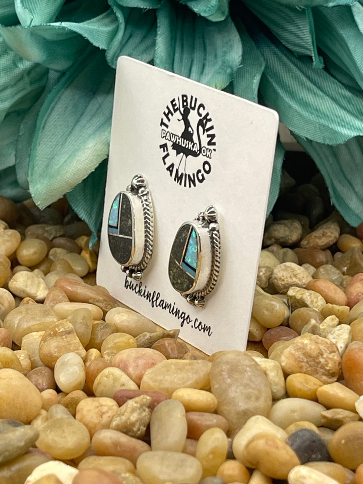 White Buffalo & Opal Inlay Earrings by James Manygoats, Navajo