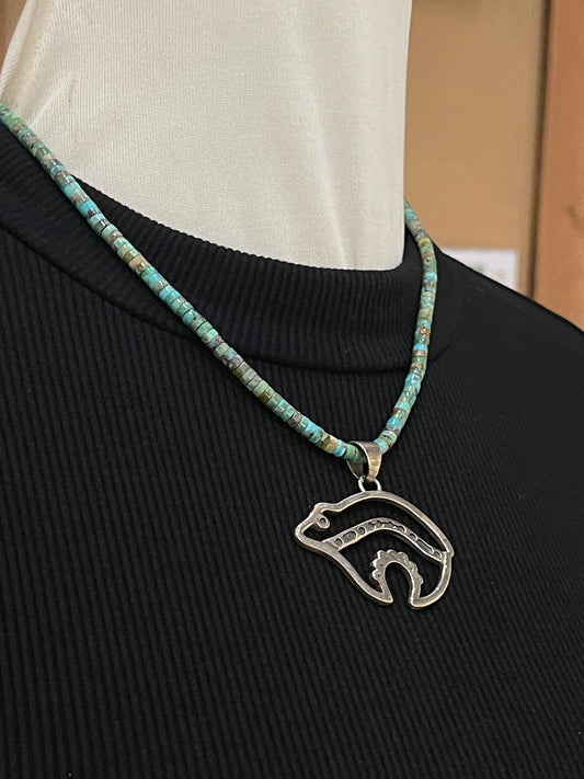 Stamped Silver Bear Pendant on 17" Turquoise Heishi Bead Necklace