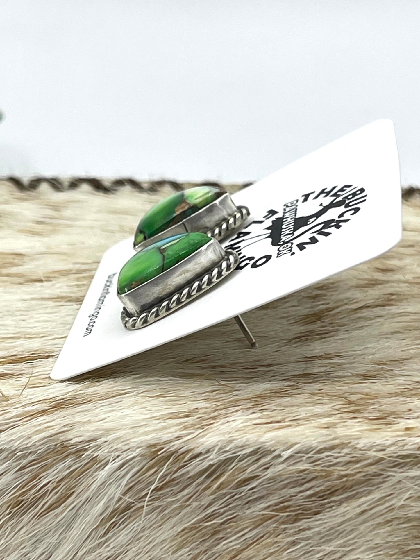 Peacock Dahlia Triangle Earrings by Chassity Belone, Navajo