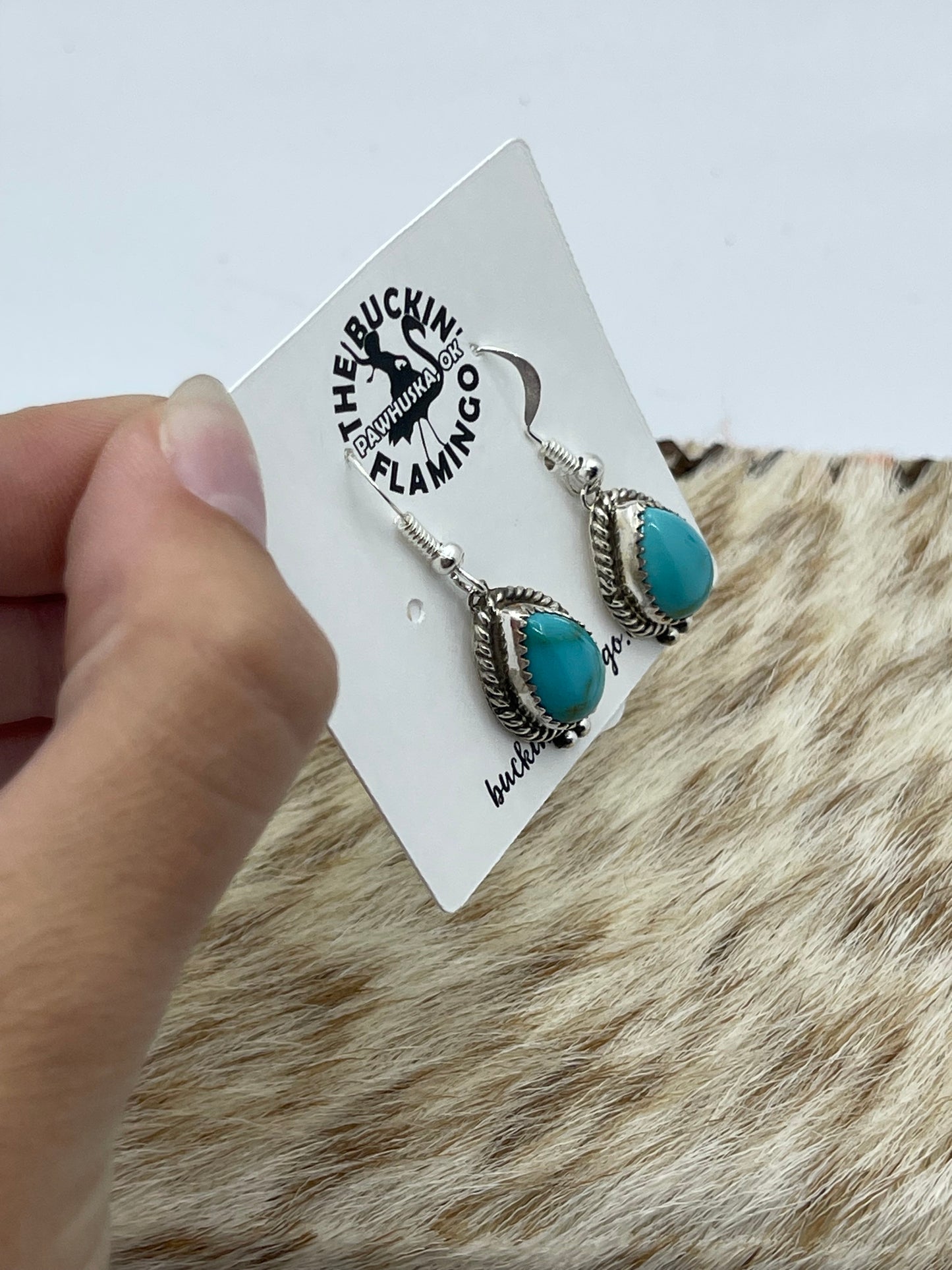 Kingman Turquoise Teardrop Dangle Earrings by Trish Largo, Navajo