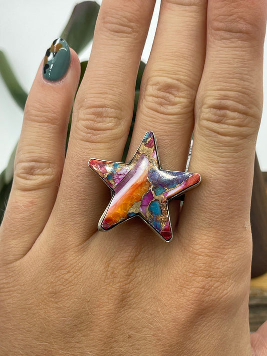 Adjustable Orange Crush Star Ring by Donovan Skeets, Navajo