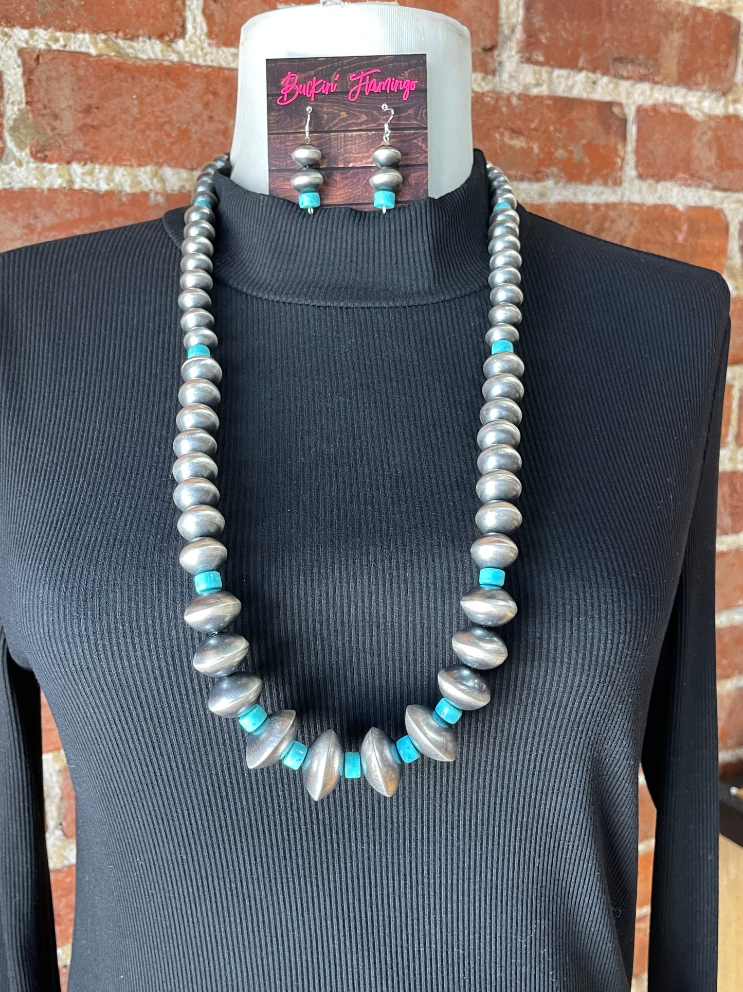 28" 11mm-22mm Handmade Navajo Pearls and Graduated Turquoise Necklace and Earrings Set by Sharon Cooley, Navajo