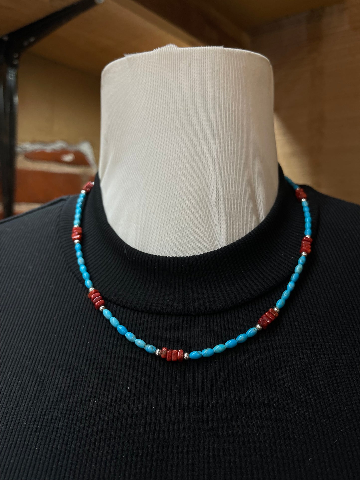 18" Turquoise and Coral Necklace with 7 3/4" Bracelet