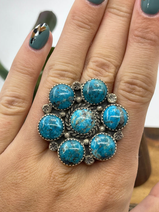 6.0 Turquoise Cluster Ring by Charlene Yazzie, Navajo