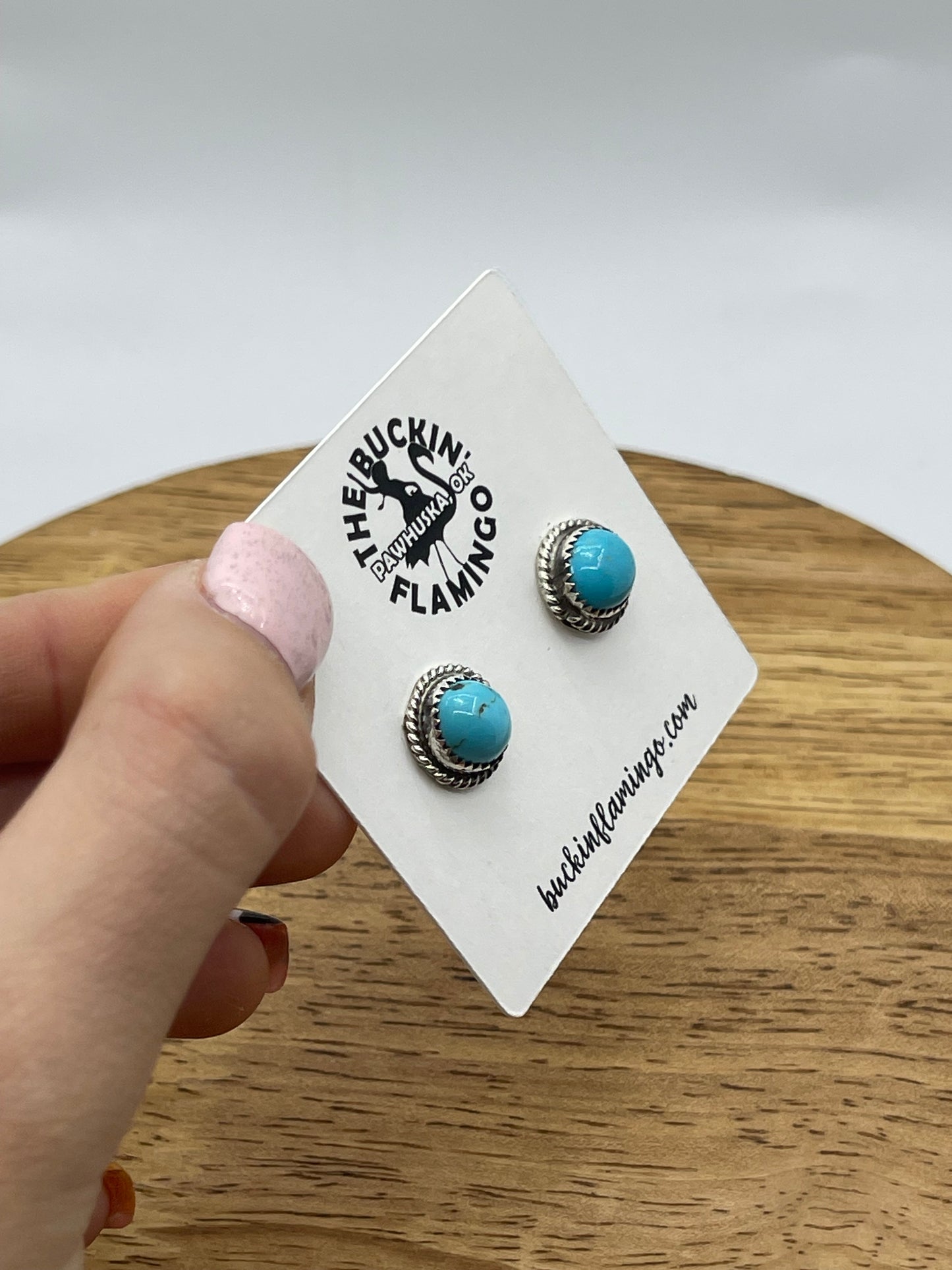 Blue Turquoise Round Post Earrings with Rope Border