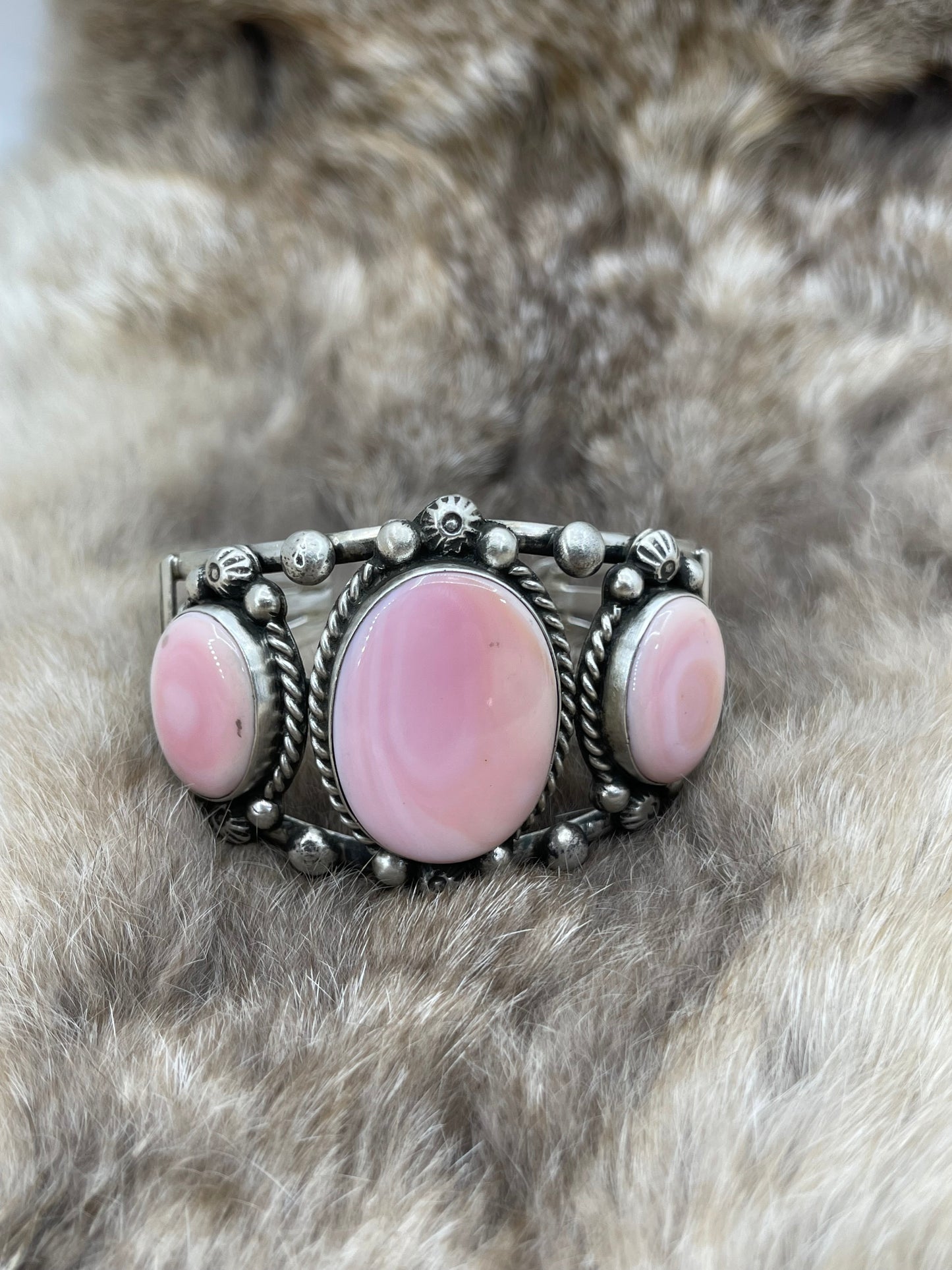 5.75"-7" 3 Stone Pink Conch Shell Cuff by Augustine Largo, Navajo