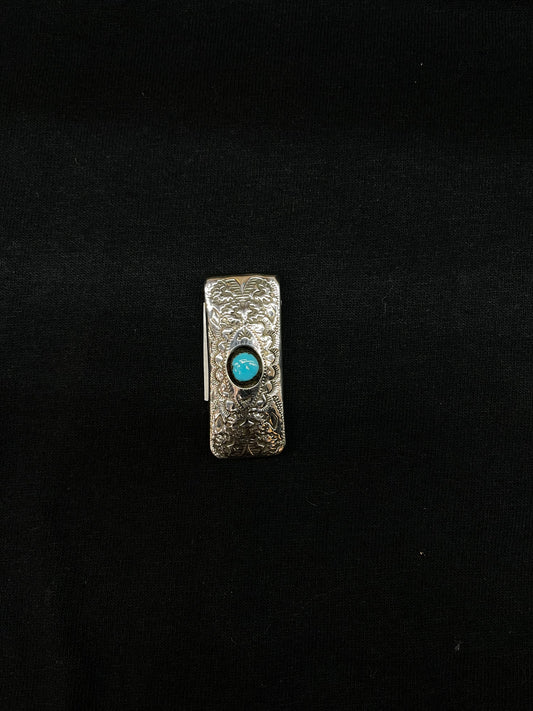 Turquoise Shadow Box Stamped Money Clip by Shirley Skeets, Navajo