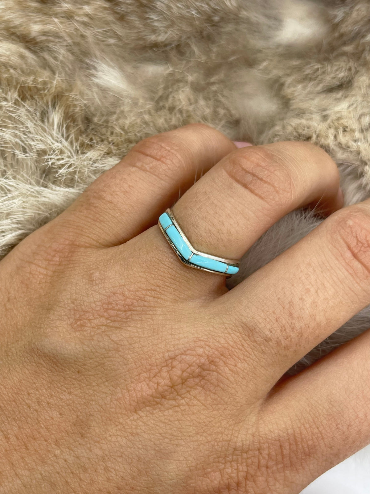 8.0 Turquoise Inlay Chevron Ring by Jamie Johnson, Navajo