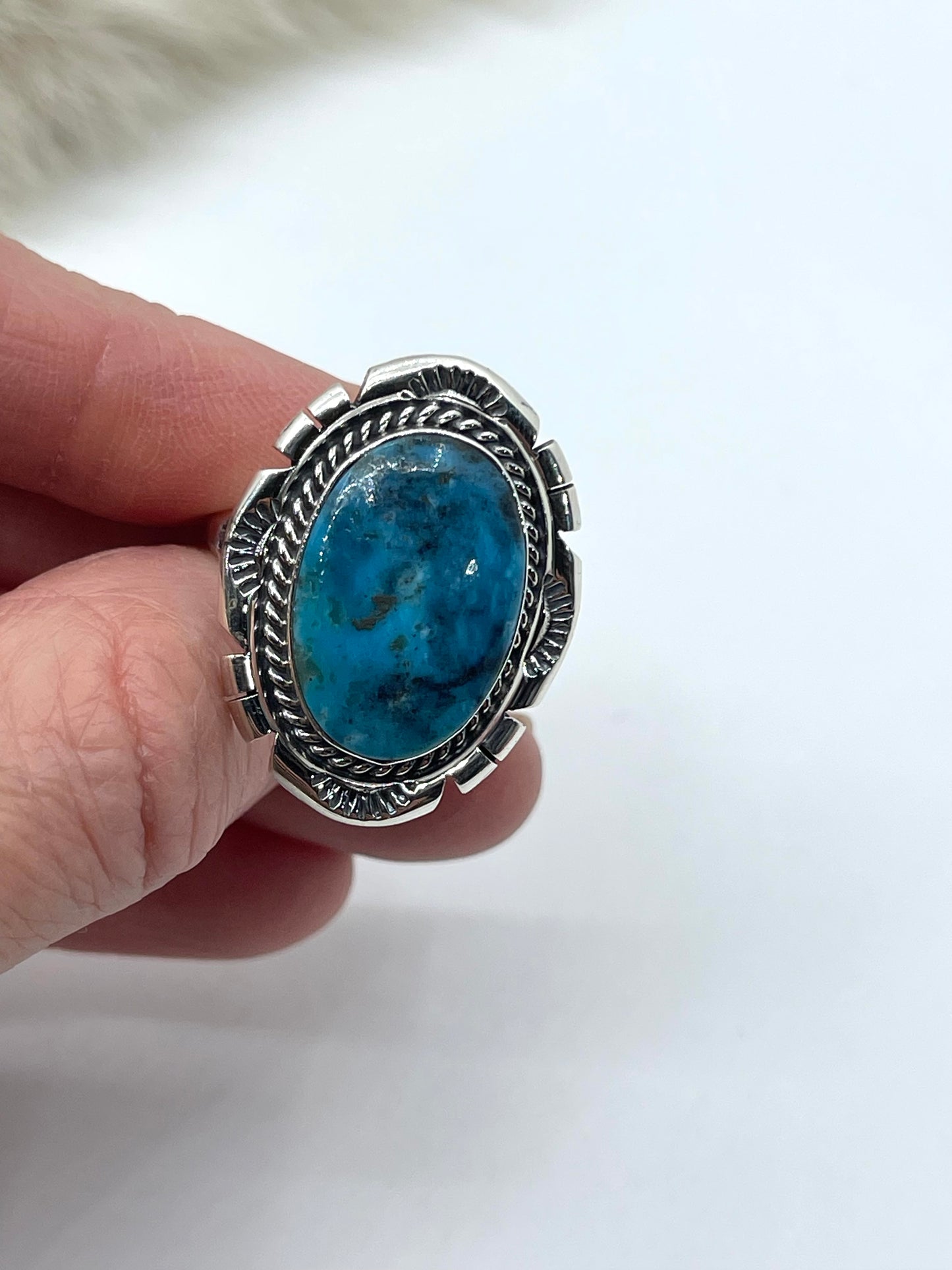 9.0 Oval Kingman Turquoise Ring by Samuel Yellowhair, Navajo
