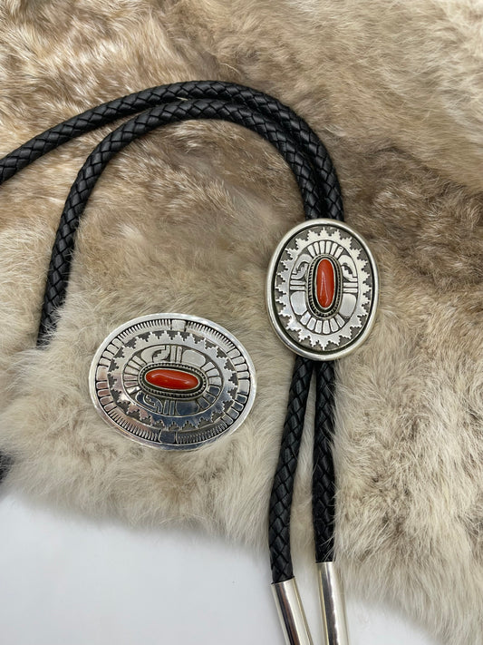 Red Coral Belt Buckle & Bolo Tie Set by Leonard Nez, Navajo