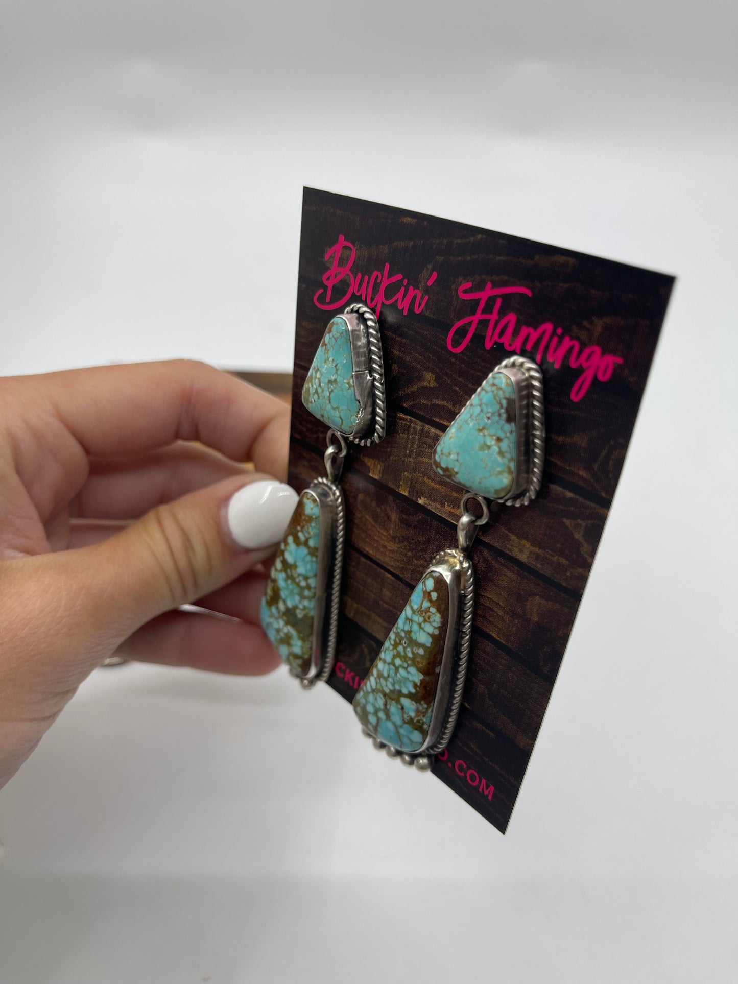 #8 Turquoise 2 Stone Post Dangle Earrings by Judith Dixon, Navajo