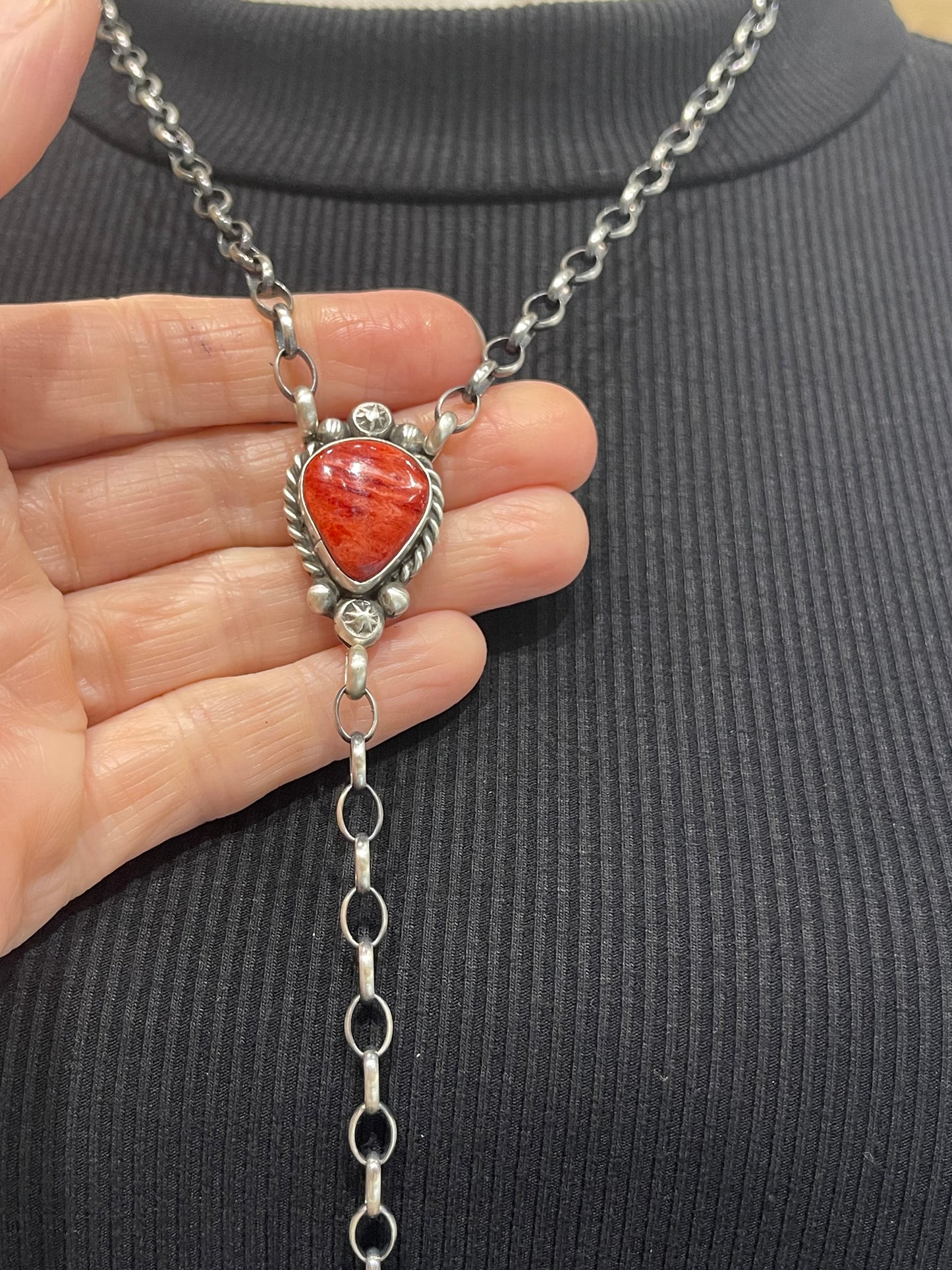 20" + 9" Red Spiny Oyster Necklace by Augustine Largo, Navajo