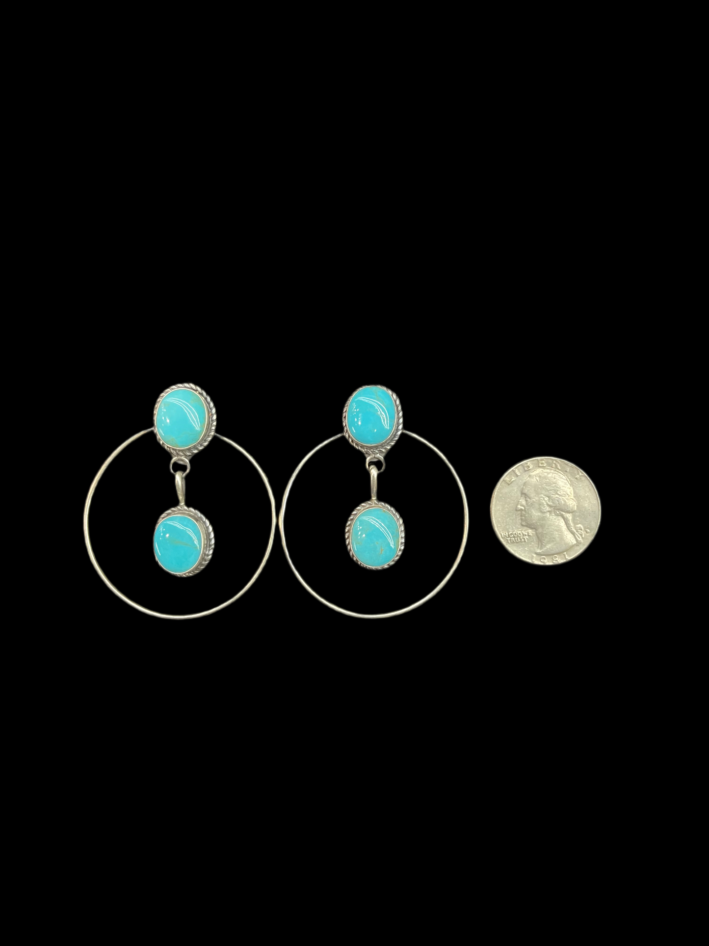 2 Stone Turquoise Hoop Post Earrings by Judith Dixon, Navajo