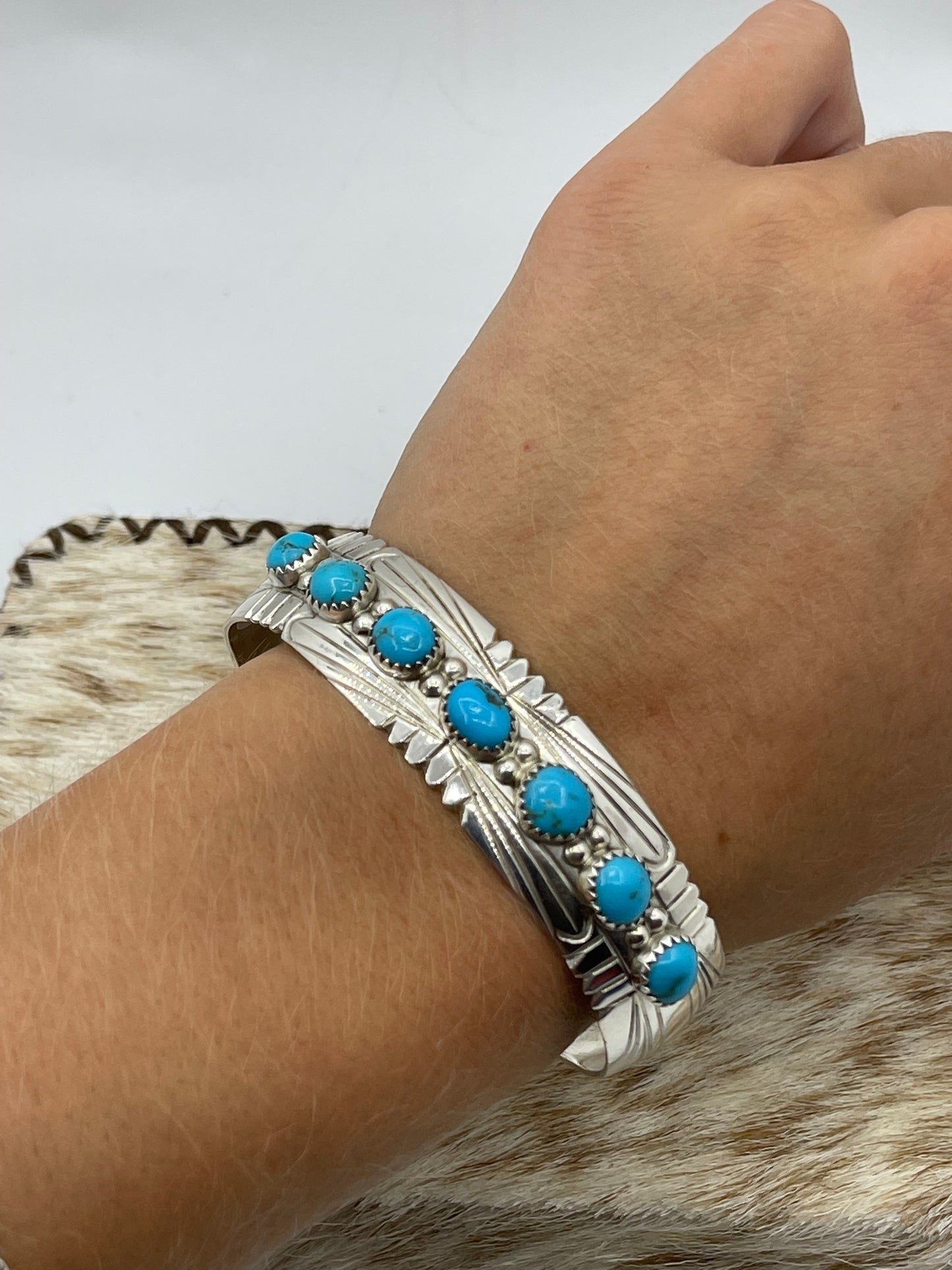 6"-6 3/4" 7 Stone Sleeping Beauty Turquoise Cuff by David Segar, Navajo