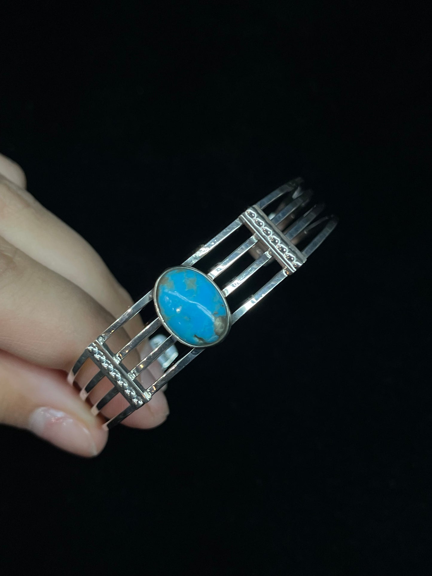 6"-7 1/4" Turquoise Oval 4 Row Cuff by Thomas Yazzie, Navajo