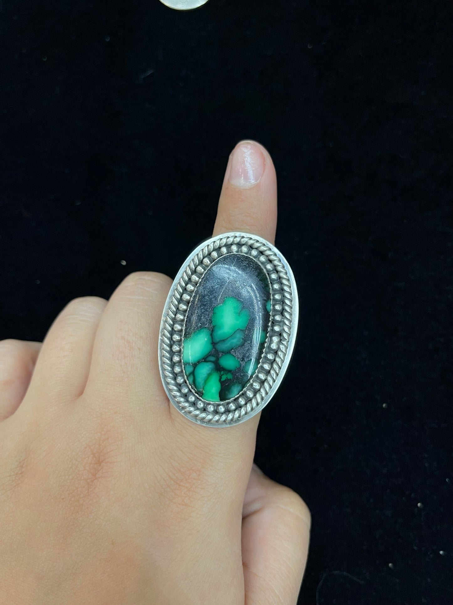 8.5 Emerald Rose Turquoise Ring by J. Piaso Jr., Navajo