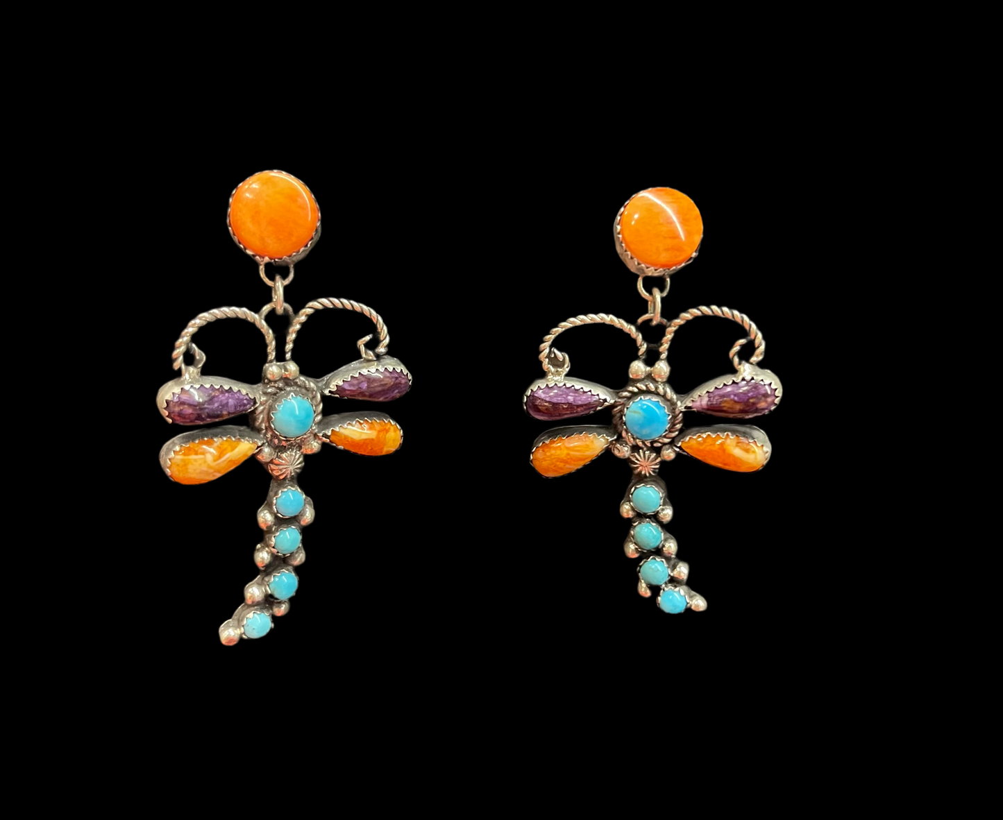 Spiny Oyster Shell and Sleeping Beauty Turquoise Dragonfly Dangle Earrings by LJC