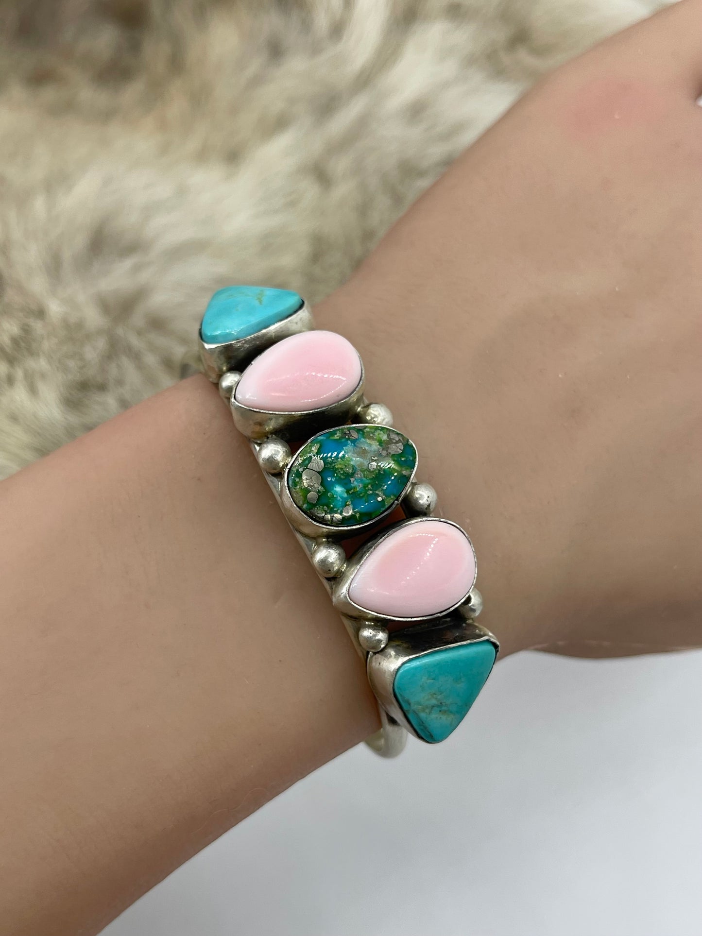 5 Stone Pink Conch & Turquoise Cuff by Augustine Largo, Navajo