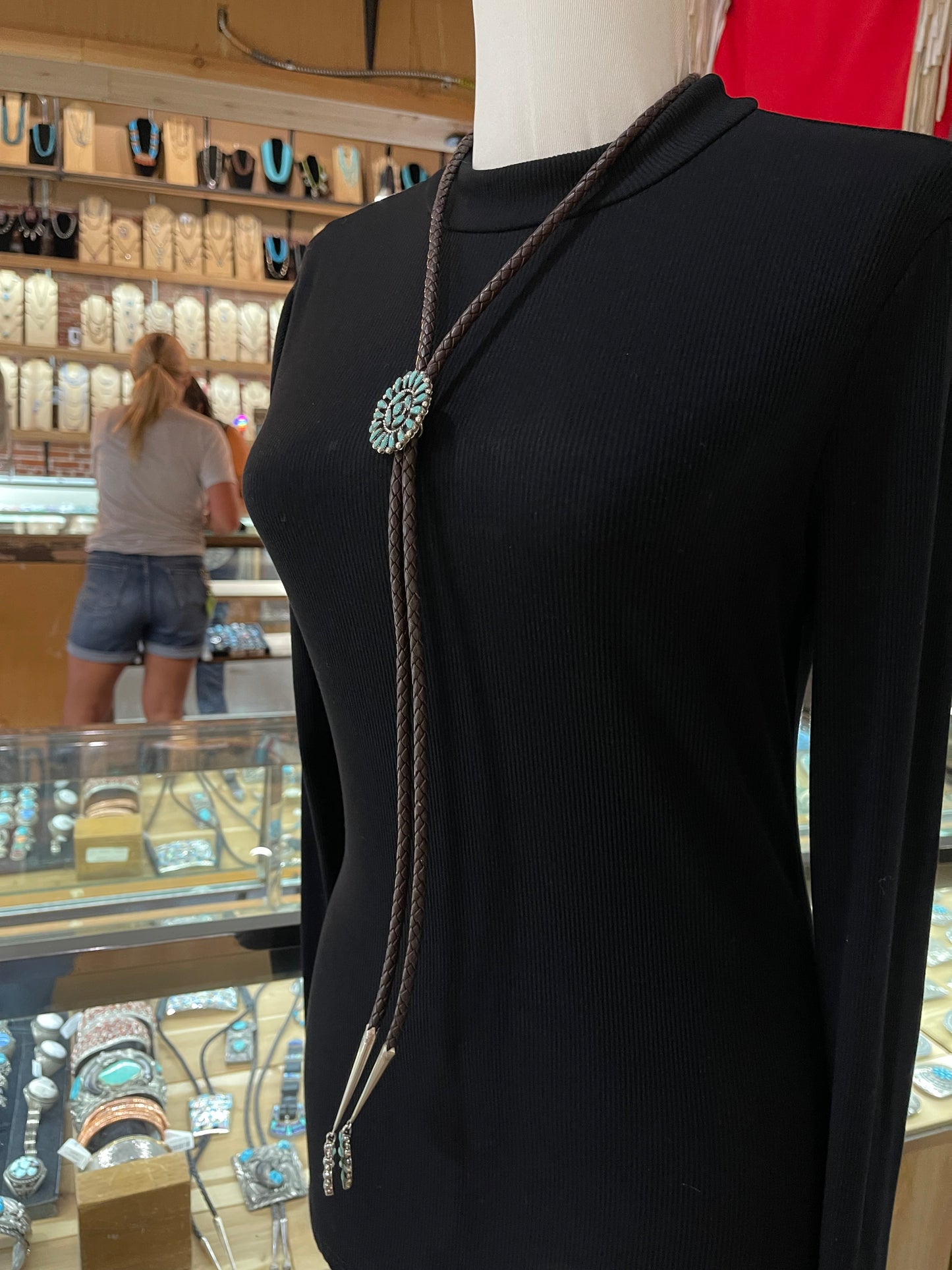 Turquoise Cluster Bolo Tie with a Brown Leather Chord