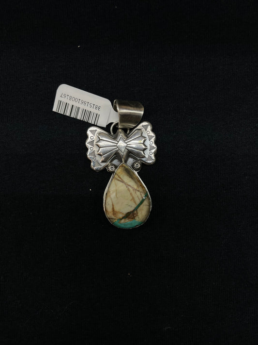 Boulder Ribbon Turquoise Teardrop Bow Pendant with a 9mm Bale by Ned Nez, Navajo