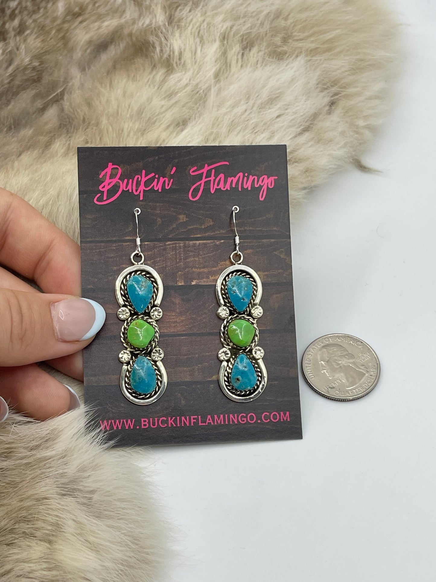 Kingman Blue Turquoise & Green Gaspeite 3 Stone Dangle Earrings by Marie Bahe, Navajo