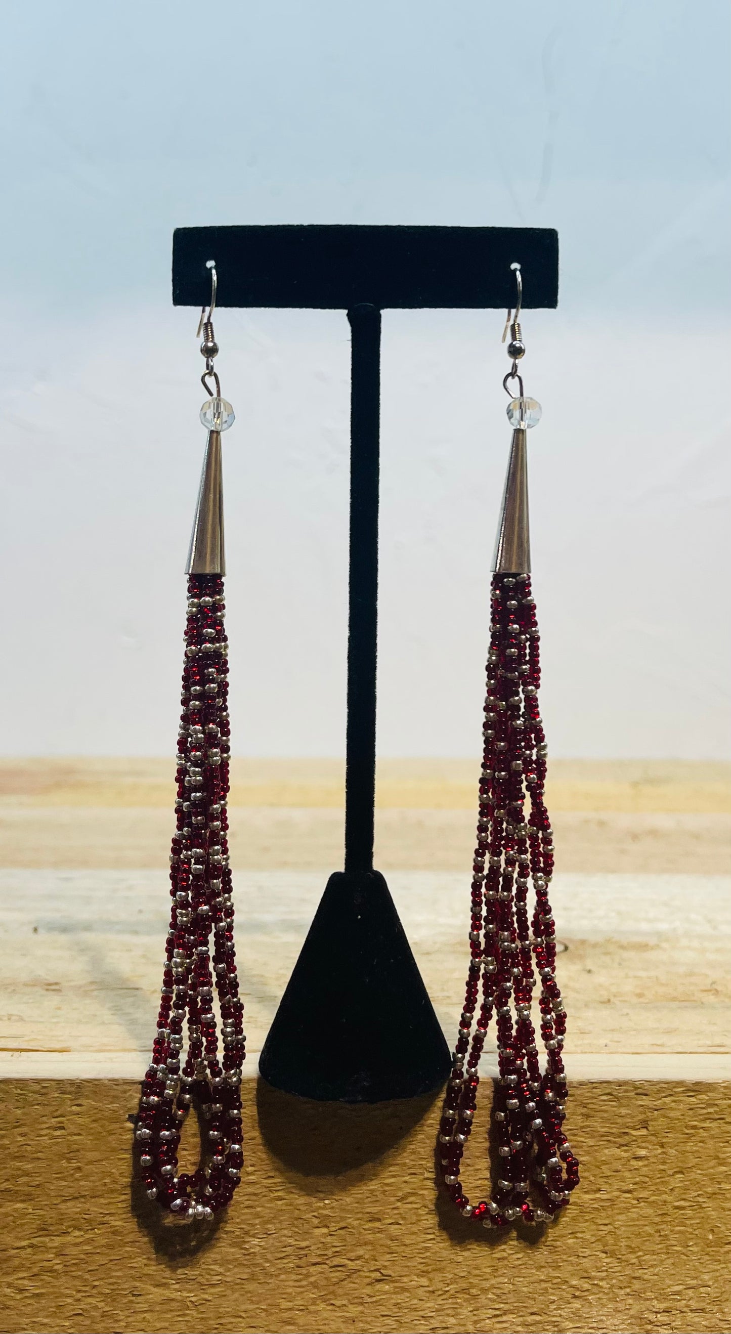 6" Red and Silver Seed Bead Hook Dangles by Ren McCulley; Creek, Seminole