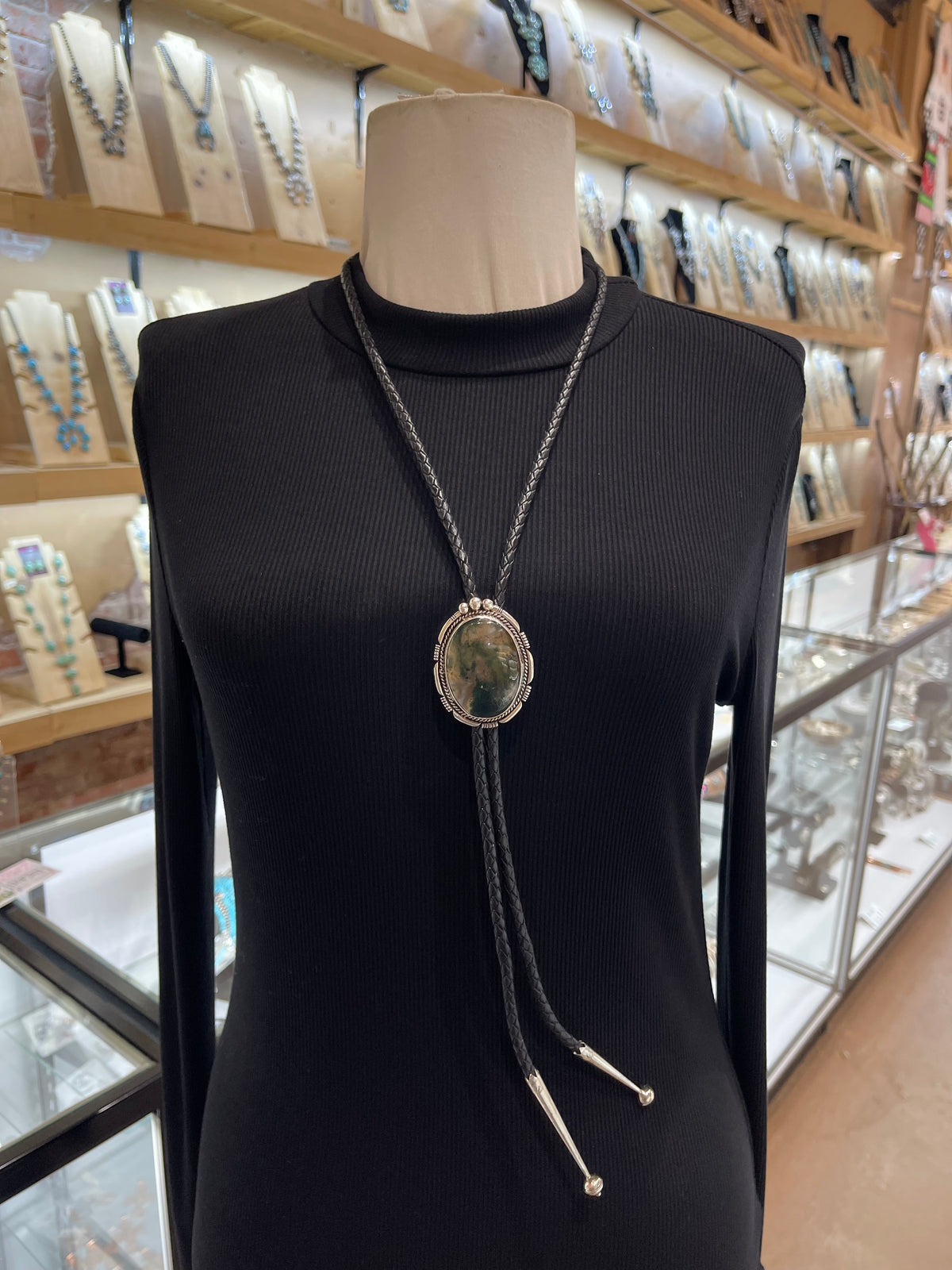 Moss Agate Bolo Tie by Joelias Draper, Navajo